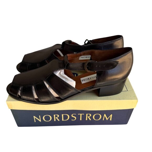Nordstrom Womens Black Calf Leather Peep-Toe Heel Strap Sandals New In Box 12 M - Picture 1 of 8